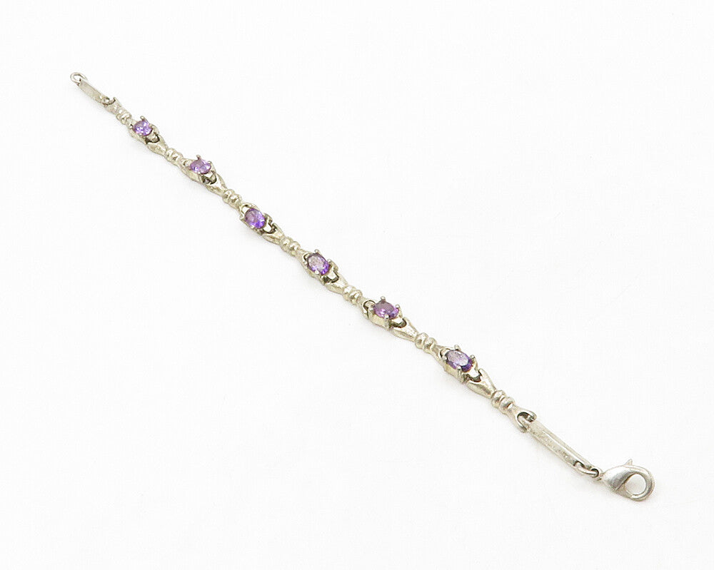 MEXICO 925 Sterling Silver Vintage Amethyst Bow Link Chain Bracelet BT5129