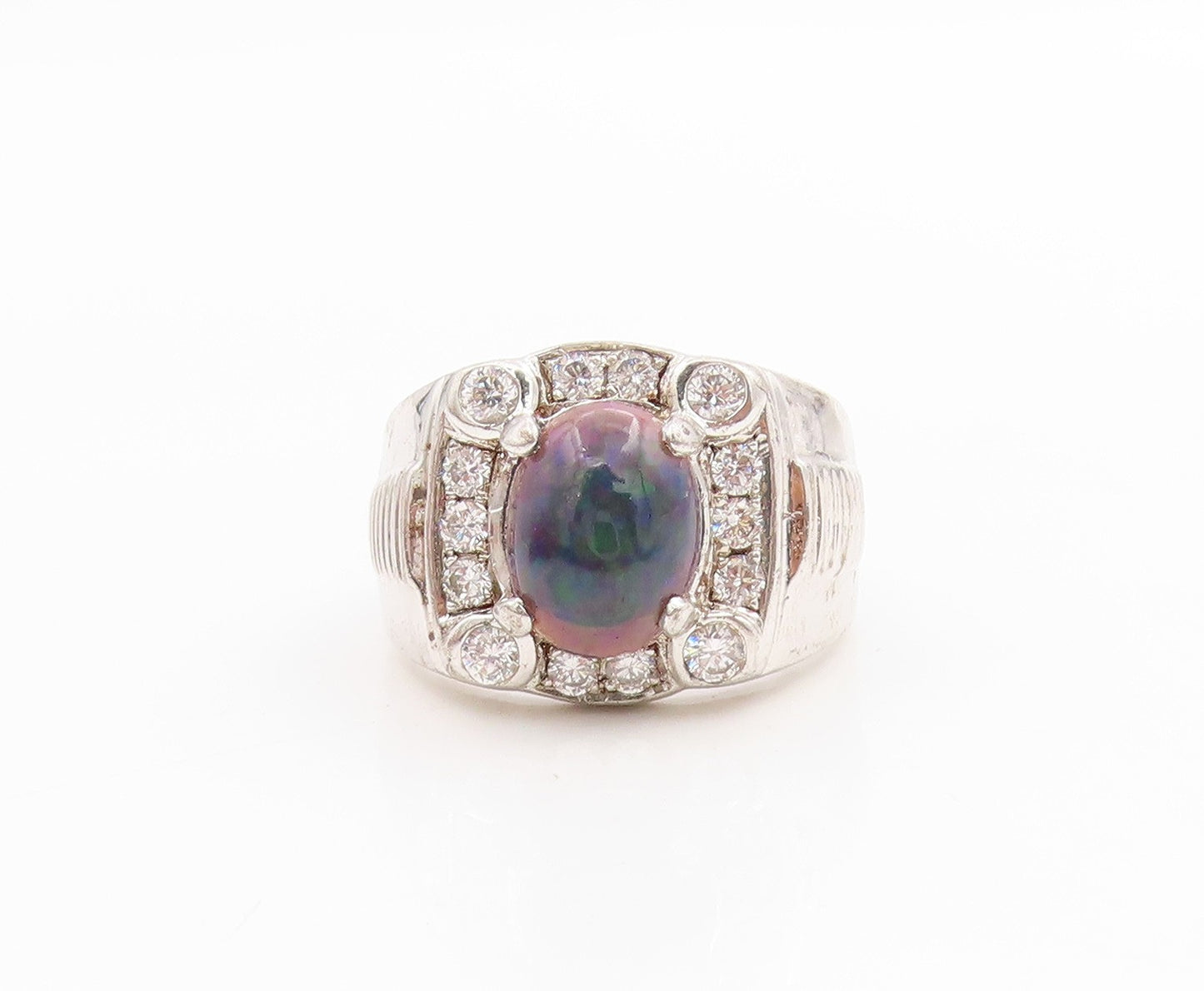 925 Sterling Silver Vintage Ring Oval Opal & Halo CZ Geometric Band Sz 7 RG33925