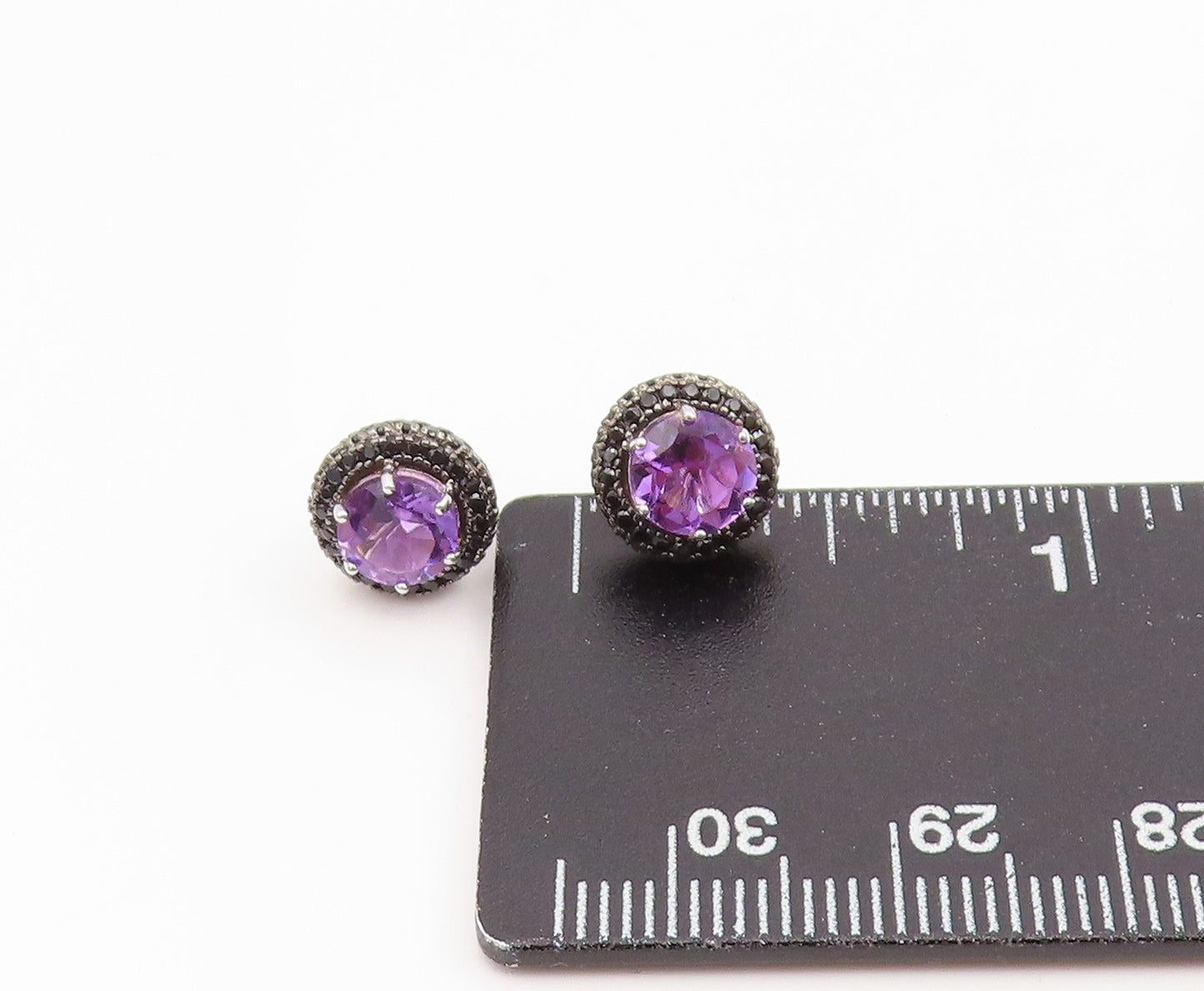 925 Sterling Silver Vintage Earrings Round Amethyst & Halo Spinel Studs  EG14146