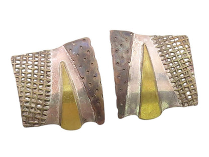 14K Gold & 925 Sterling Silver Vintage Earrings Classic Geometric Shield EG14400