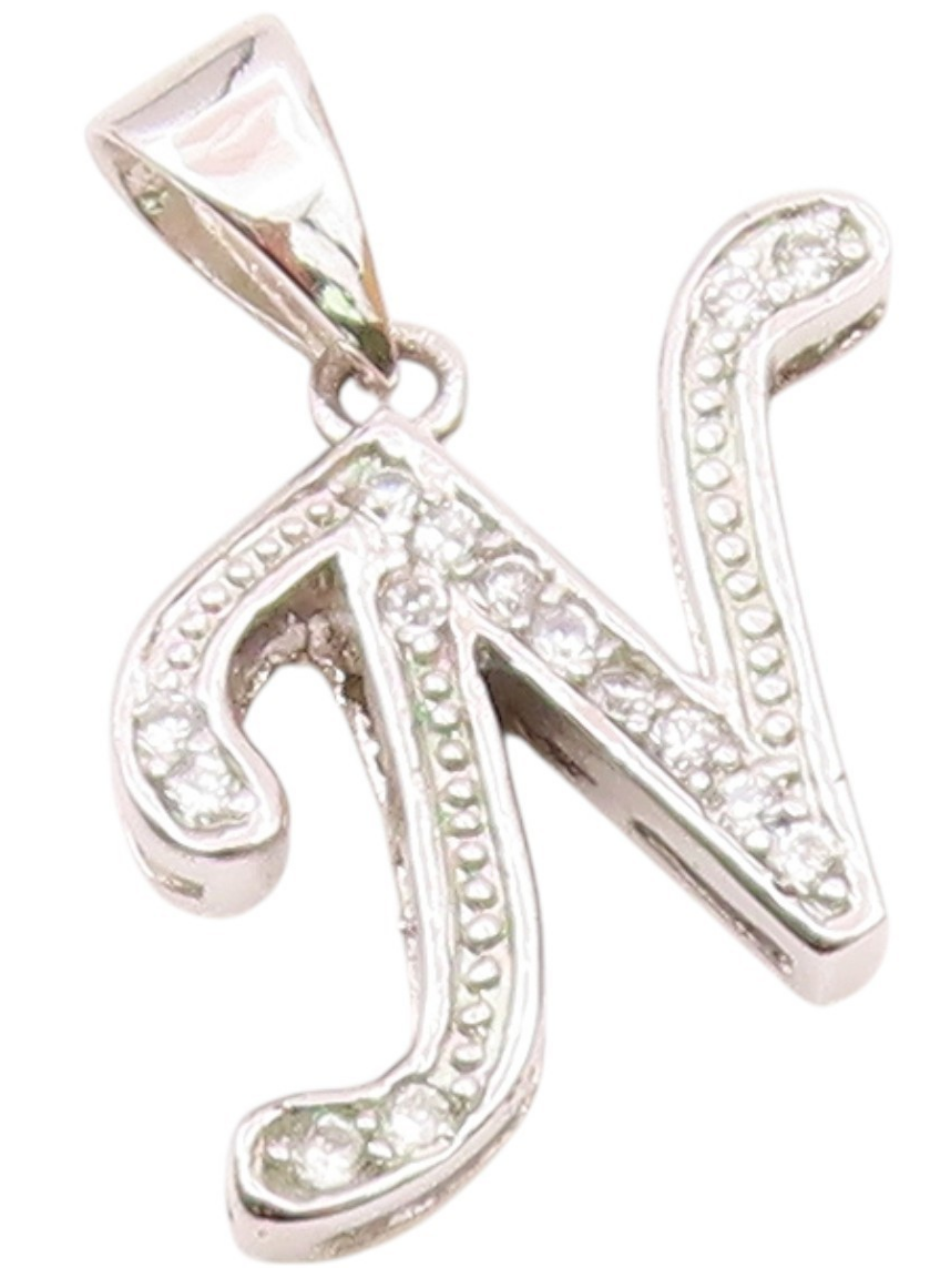 925 Sterling Silver  Vintage Shiny Topaz N Initial Drop Pendant  PT18979