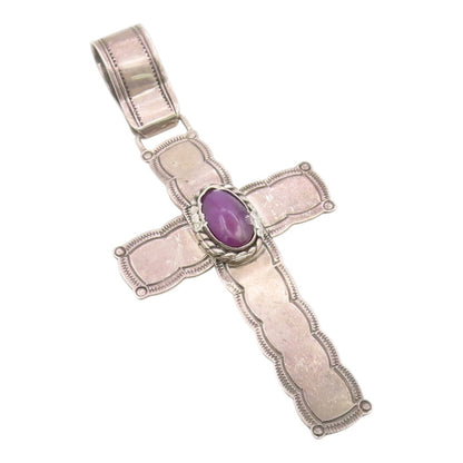 925 Sterling Silver Vintage Pendant NAVAJO Amethyst Religious Cross  PT26119