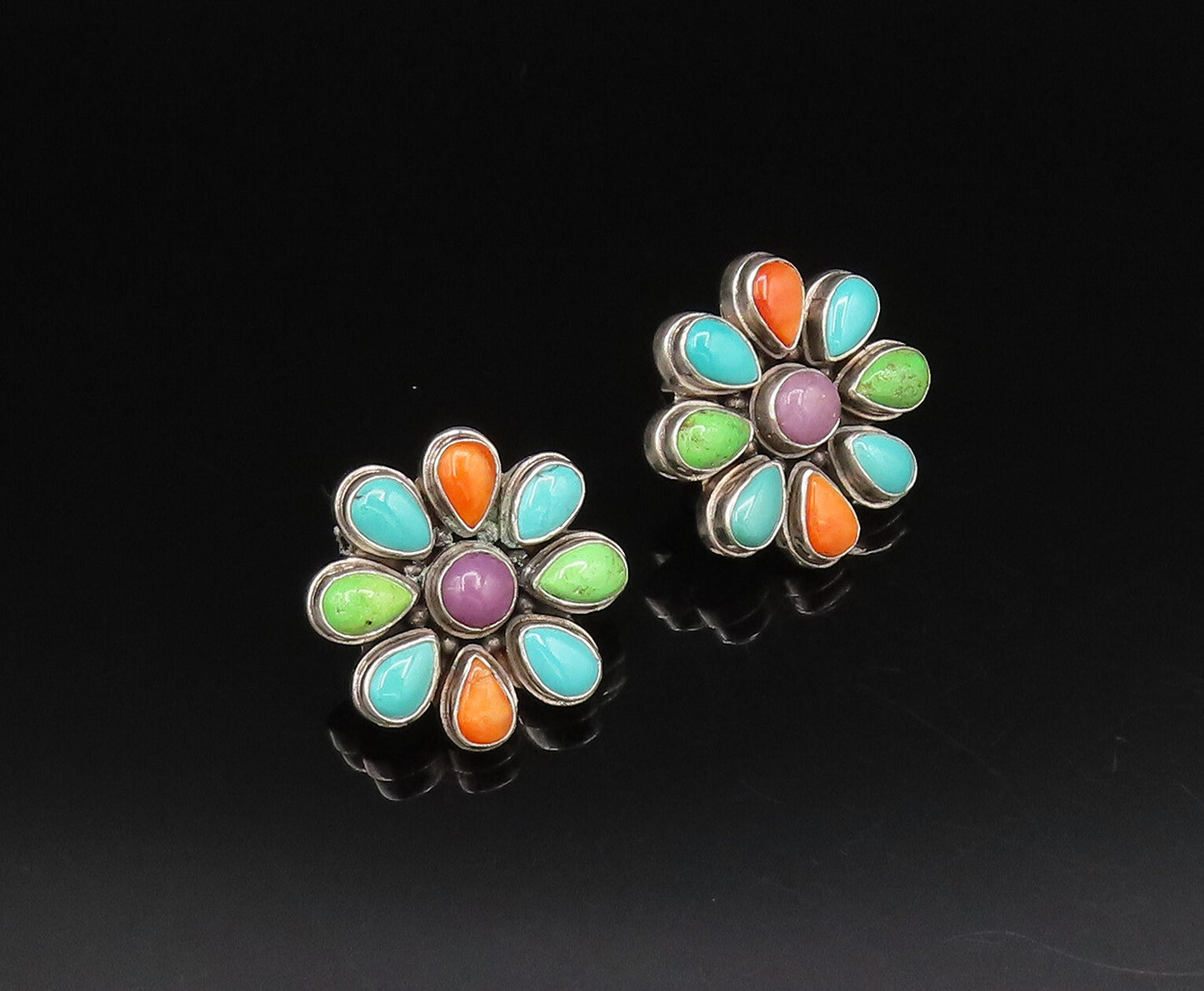 925 Silver  Vintage Turquoise Charoite & Spiny Flower Stud Earrings  EG12214