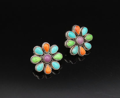 925 Silver  Vintage Turquoise Charoite & Spiny Flower Stud Earrings  EG12214