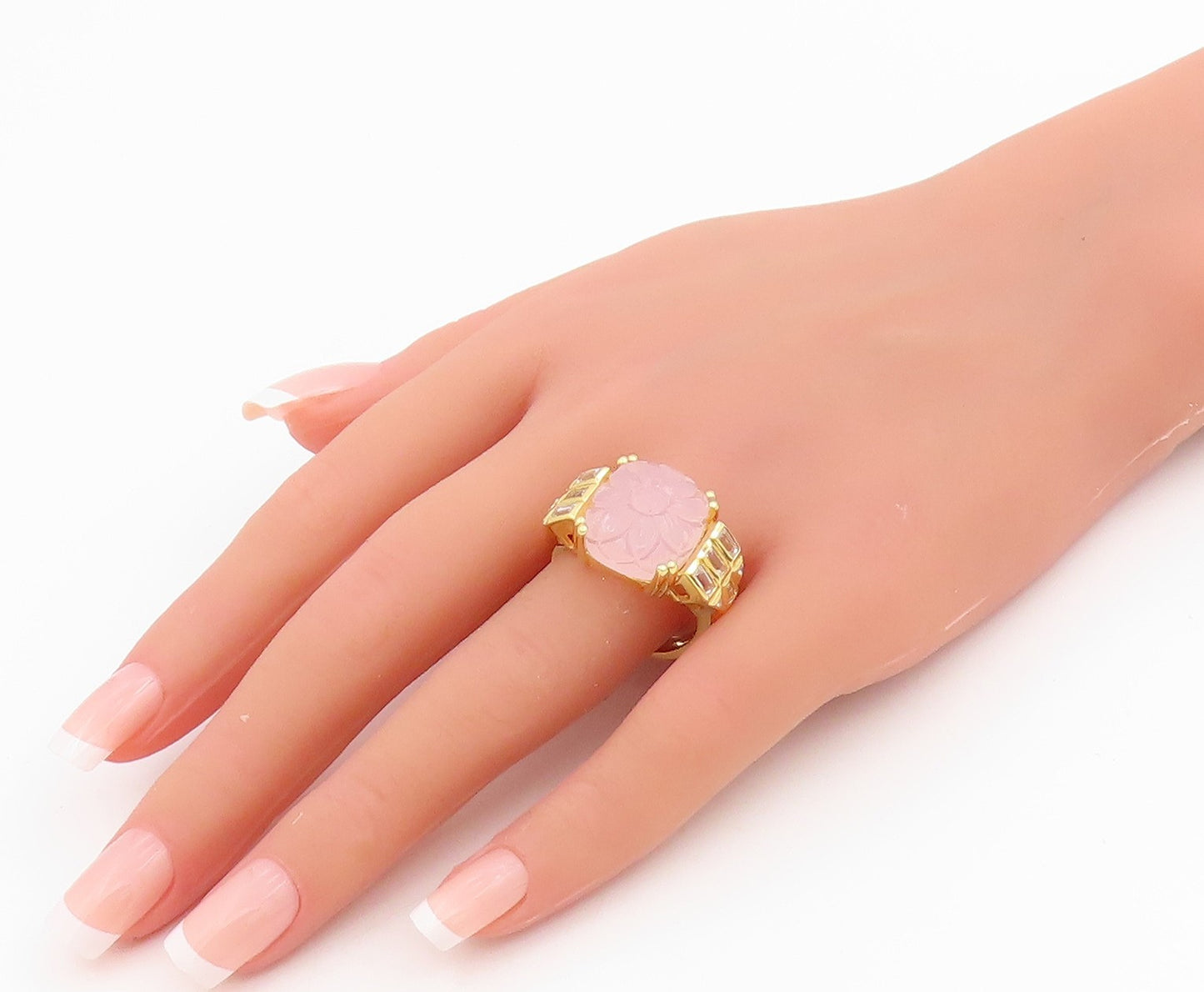 925 Sterling Silver Vintage Ring Gold Plated Carved Rose Quartz  Sz 10  RG34172
