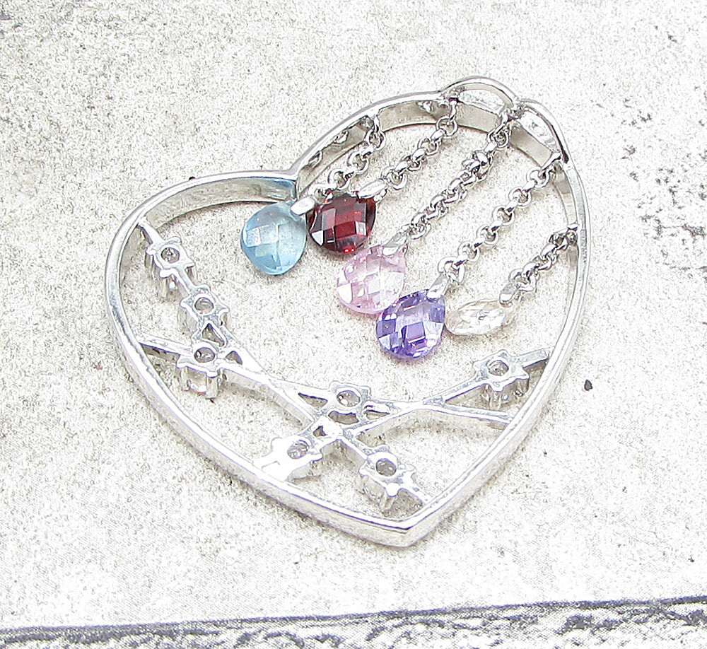925 Silver Multi Colored Faceted Gemstones Love Heart Slider Pendant PT1413