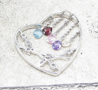 925 Silver Multi Colored Faceted Gemstones Love Heart Slider Pendant PT1413