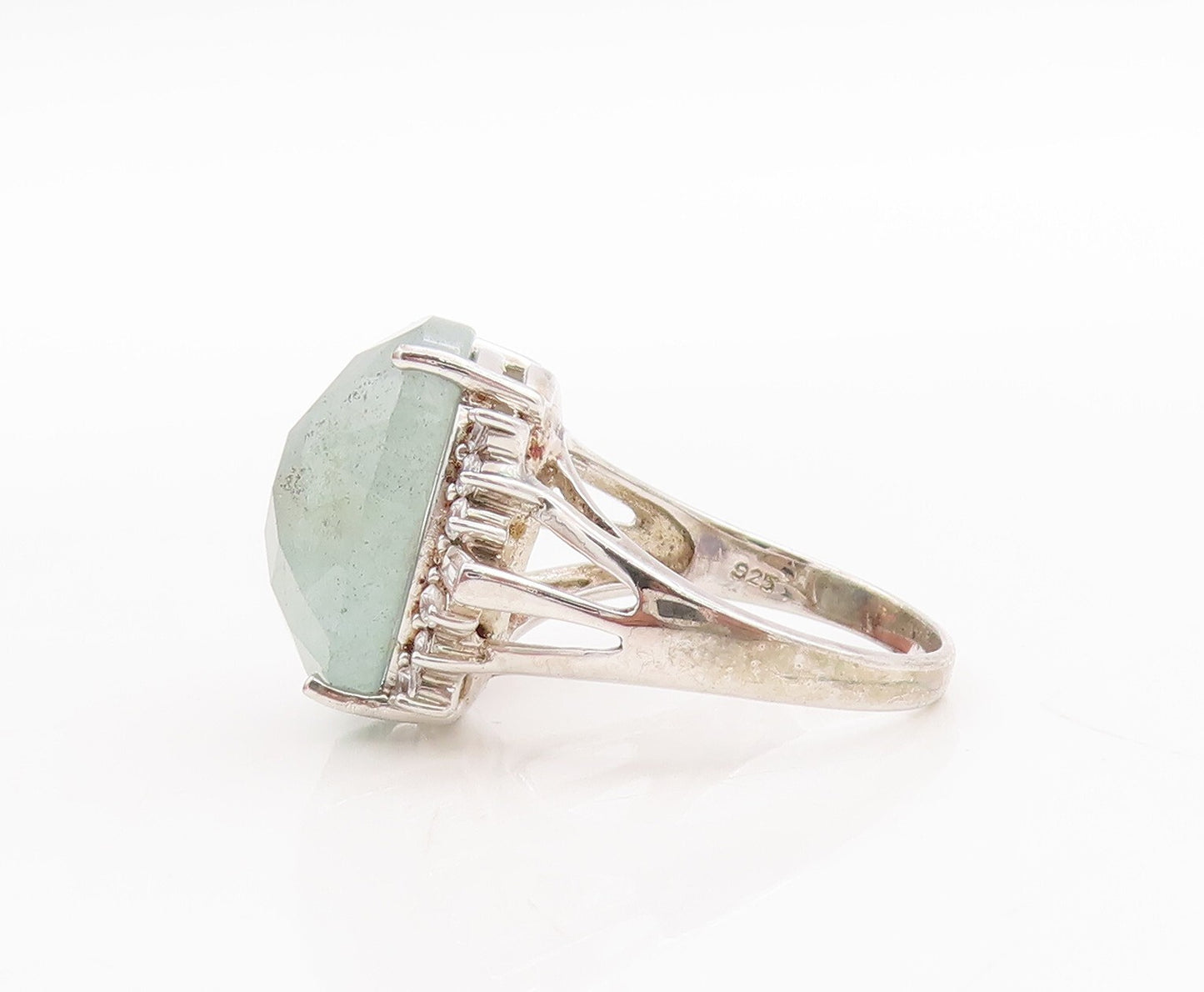 925 Sterling Silver Vintage Ring Large Oval Cut Gemstone & CZ  Sz 7.5  RG29187