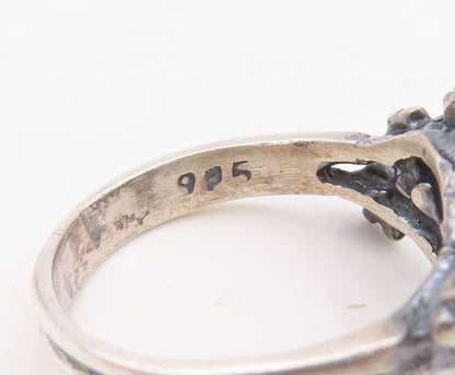 925 Sterling Silver Vintage Ring Dark Tone Flowers Cutout  Sz 7.5  RG31152