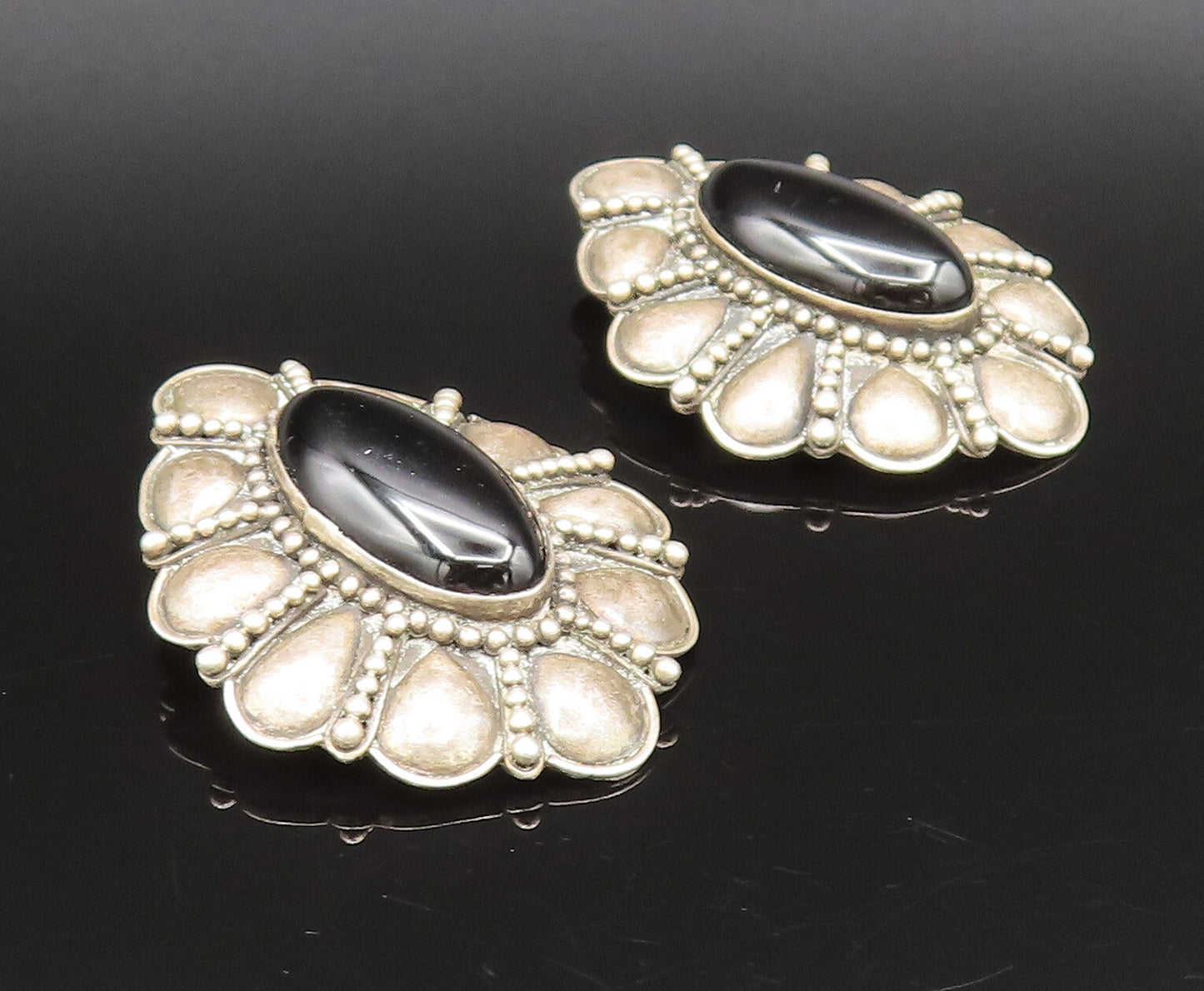 BALI 925 Sterling Silver Vintage Floral Black Onyx Clip Back Earrings EG12295