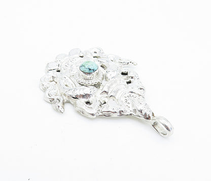 925 Sterling Silver  Turquoise Double Fish Shiny Ornate Design Pendant  PT5919