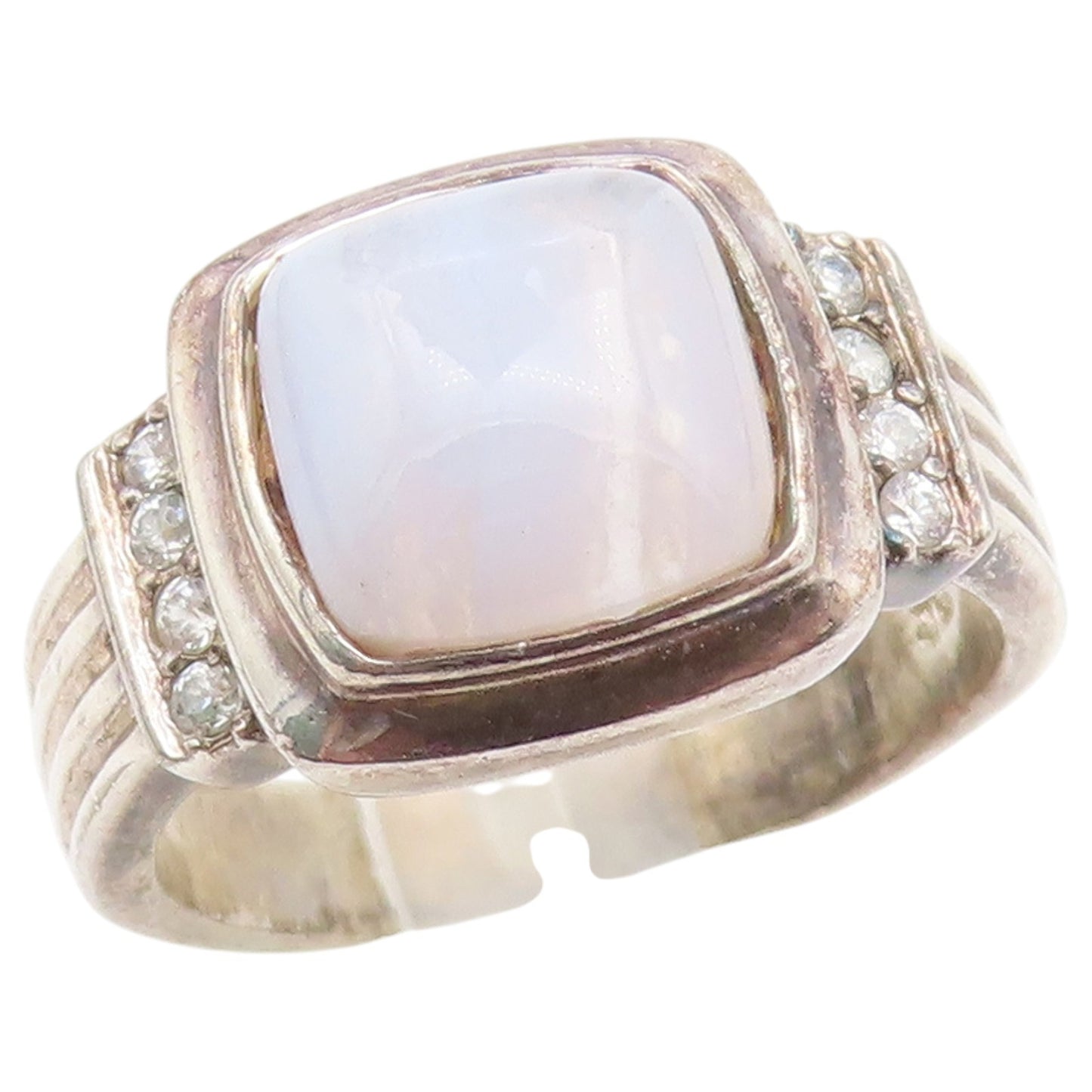 925 Sterling Silver Vintage Ring Milky Moonstone & CZ Ribbed Band  Sz 7  RG36856