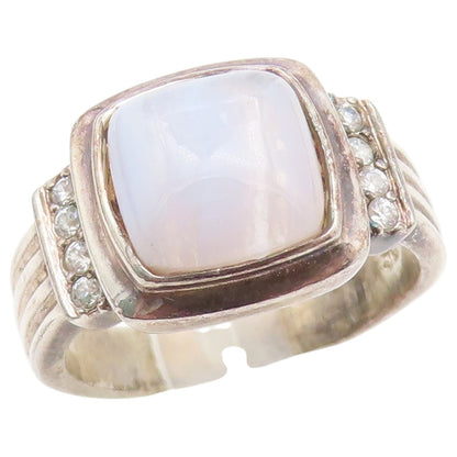 925 Sterling Silver Vintage Ring Milky Moonstone & CZ Ribbed Band  Sz 7  RG36856