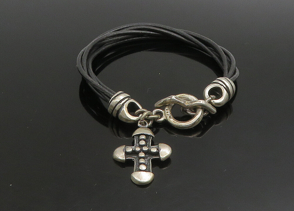 JRI MEXICO 925 Silver   Vintage Religious Cross Leather Rope Bracelet  BT9099