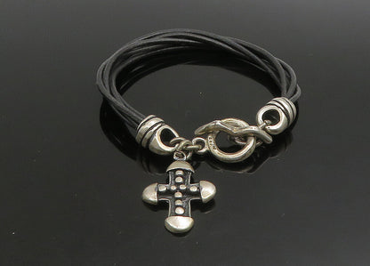 JRI MEXICO 925 Silver   Vintage Religious Cross Leather Rope Bracelet  BT9099