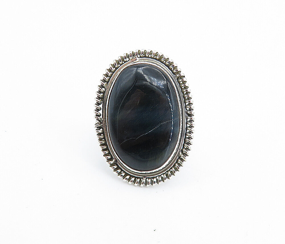 925 Sterling Silver  Black Agate Shiny Oval Twist Cocktail Ring Sz 9.5  RG7987
