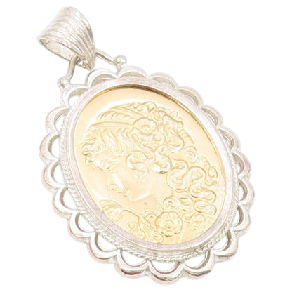 925 Sterling Silver Vintage Pendant Two Tone Scalloped Lady Cameo Charm  PT26445