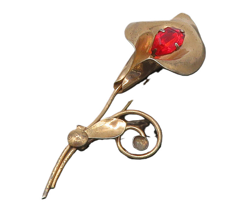 925 Sterling Silver  Vintage Red Topaz Single Flower Motif Brooch Pin  BP4907