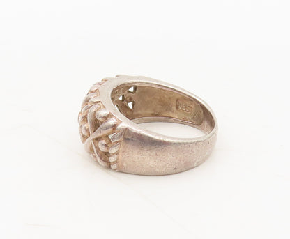 925 Silver Vintage Ring Minimalist Carved Cutout Cross & Beaded Sz 7  RG27564
