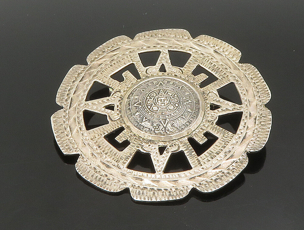 MEXICO 925 Sterling Silver  Vintage Round Aztec Tribal Brooch Pin  BP9461