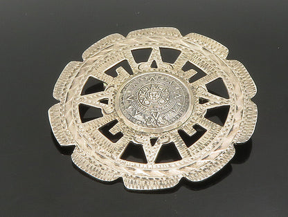 MEXICO 925 Sterling Silver  Vintage Round Aztec Tribal Brooch Pin  BP9461