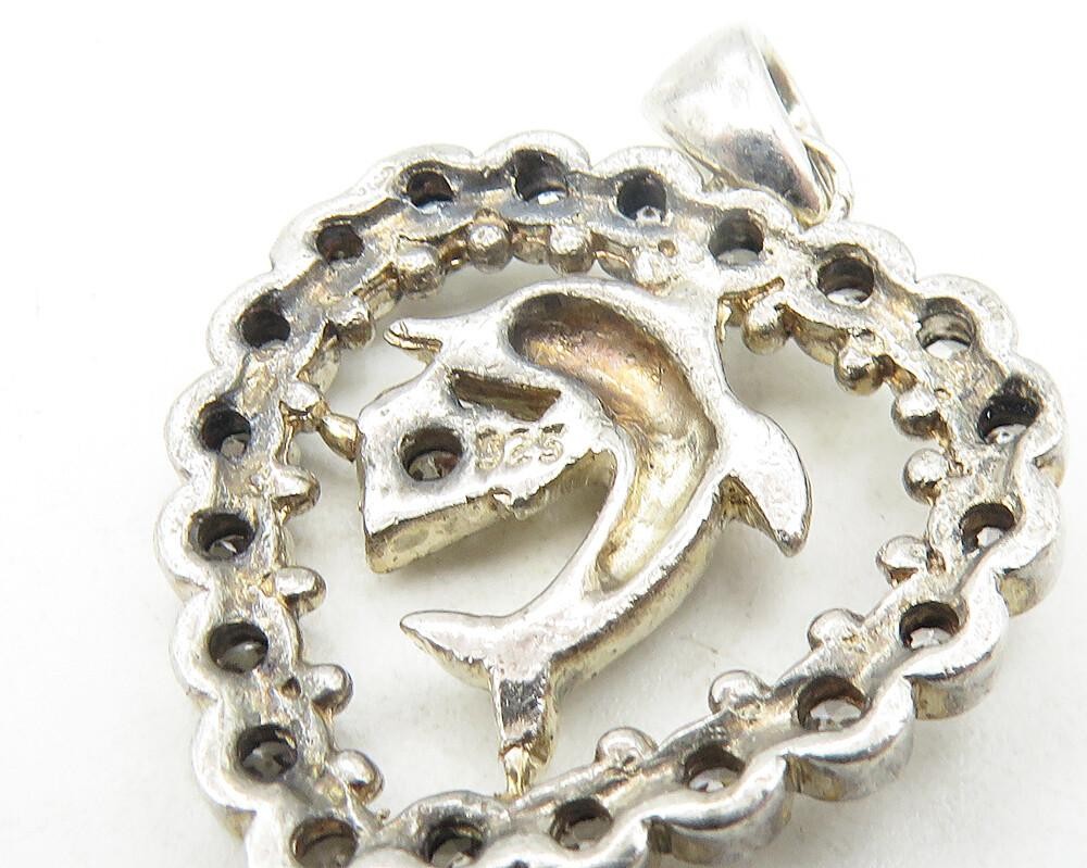 925 Sterling Silver  Vintage Topaz Leaping Dolphin Love Heart Pendant  PT9424