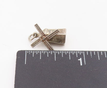 925 Sterling Silver Vintage Pendant 3D Etched Windmill Souvenir Charm  PT25577