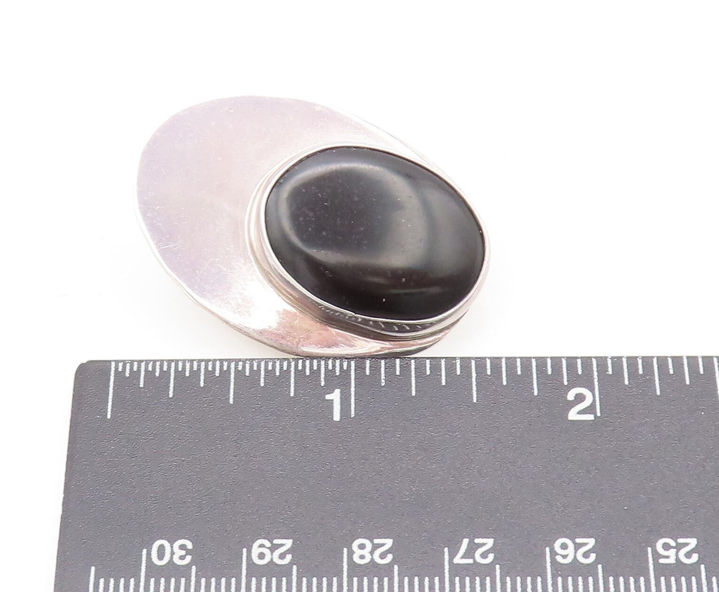 MEXICO 925 Silver  Vintage Minimalist Large Oval Onyx Clip Earrings  EG12651