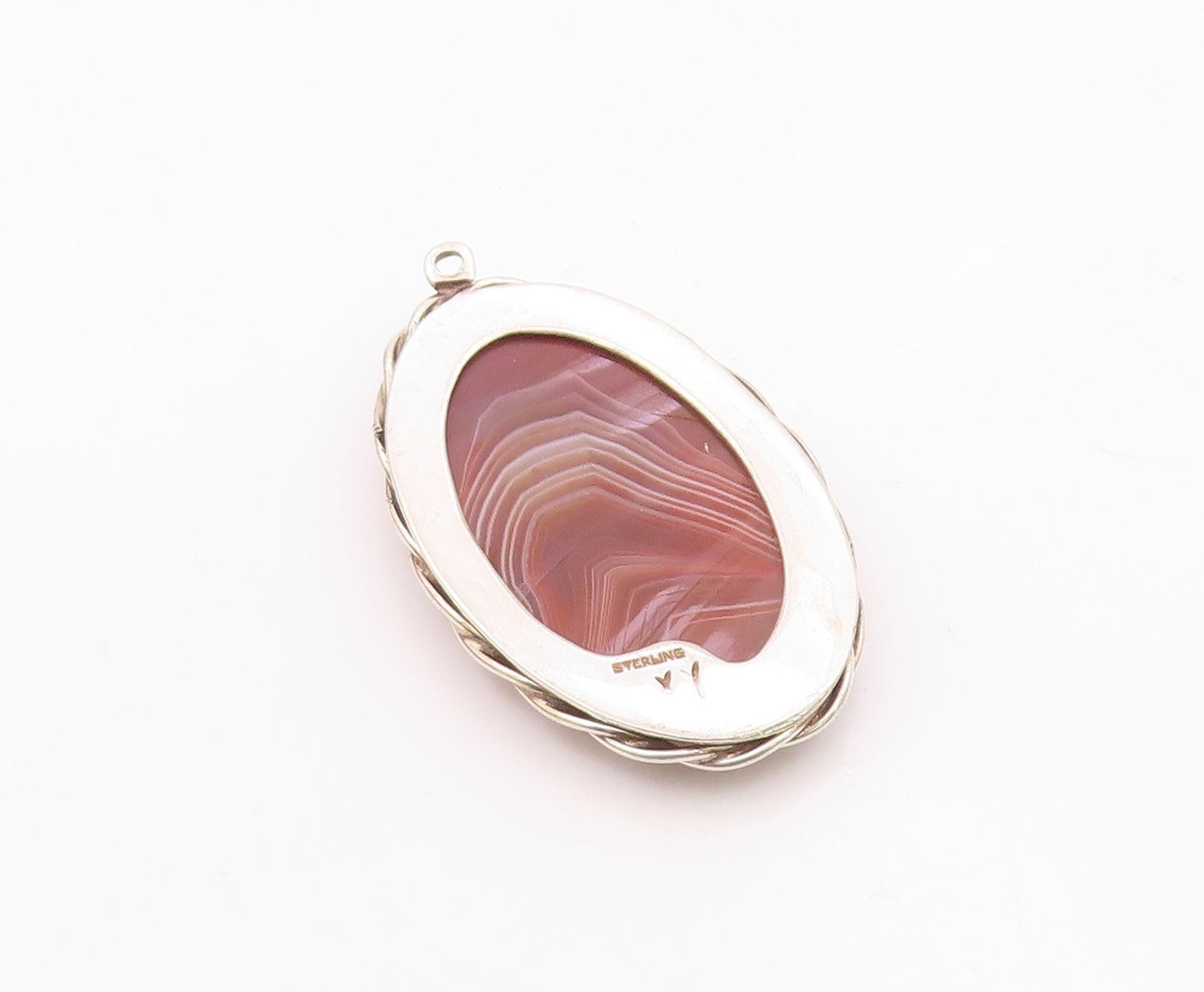 DESIGNER 925 Sterling Silver Vintage Twisted Border Oval Agate Pendant PT21038