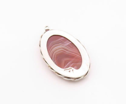 DESIGNER 925 Sterling Silver Vintage Twisted Border Oval Agate Pendant PT21038