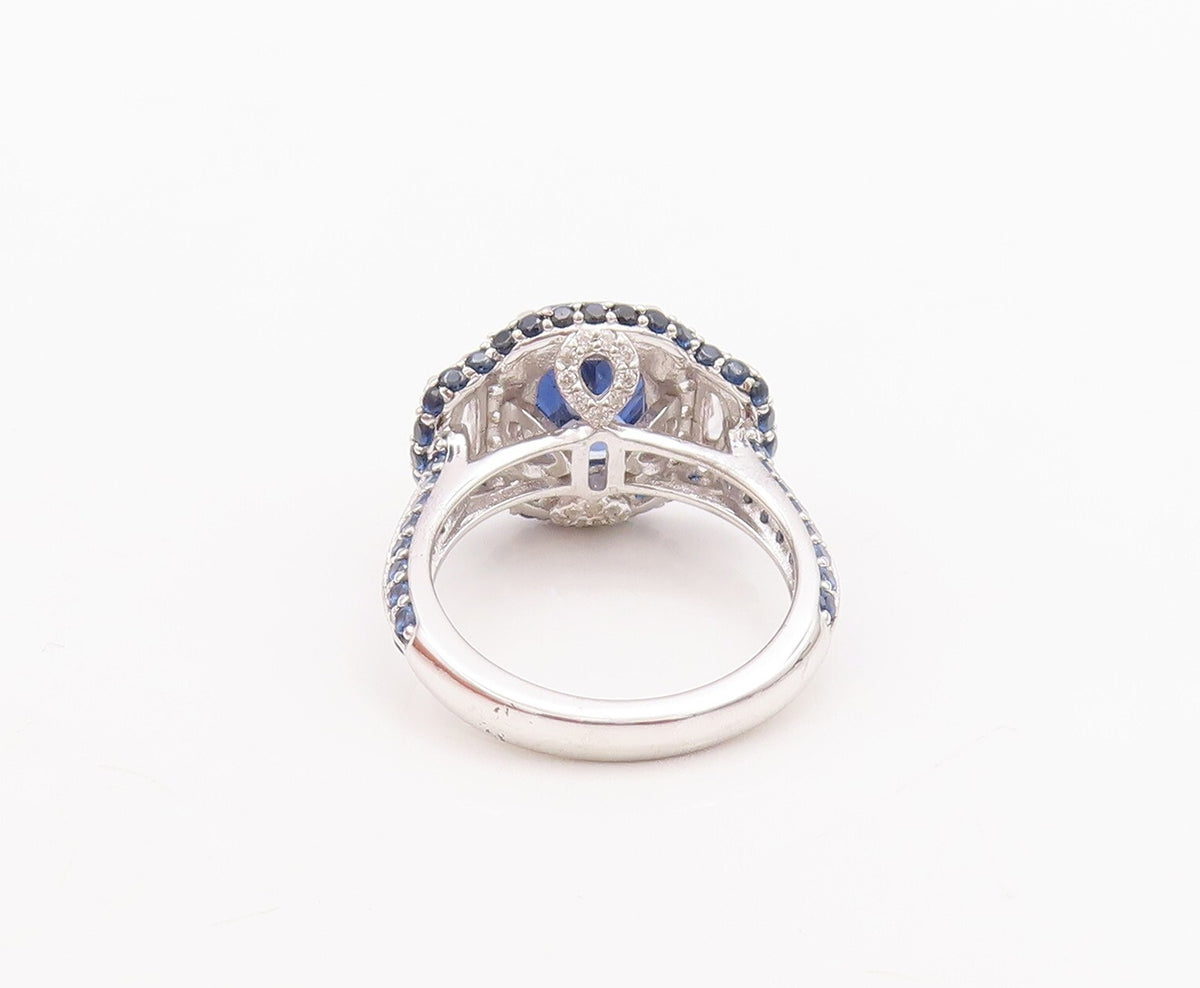 925 Sterling Silver Vintage Ring Designer Blue & White CZ Inlay  Sz 7  RG29594