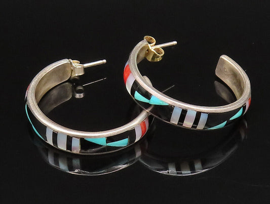 ZUNI NAVAJO 925 Silver - Vintage Onyx Coral & Multi Stone Hoop Earrings- EG12252