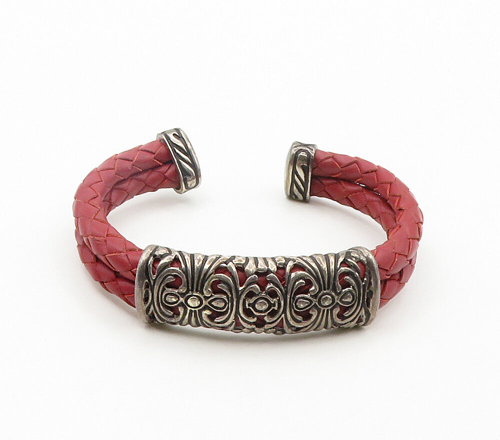 ESPO 925 Silver  Vintage Swirl Detail Red Leather Woven Cuff Bracelet  BT6501