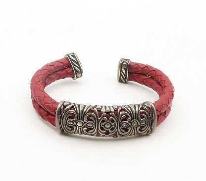 ESPO 925 Silver  Vintage Swirl Detail Red Leather Woven Cuff Bracelet  BT6501