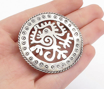 MEXICO 925 Sterling Silver  Vintage Traditional Design Round Brooch Pin BP2744