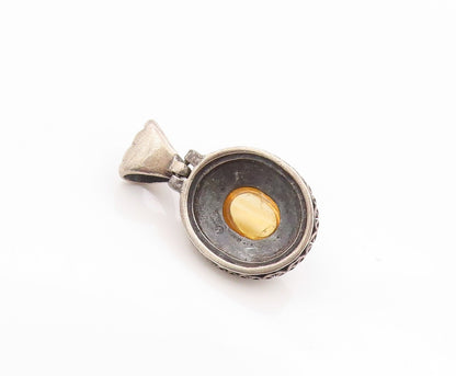 925 Sterling Silver Vintage Pendant Dark Tone Etched Oval Citrine Charm  PT24863