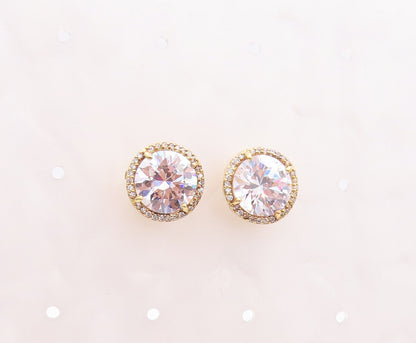 925 Sterling Silver Vintage Earrings Large Round Cut  CZ Halo CZ Band  EG13067