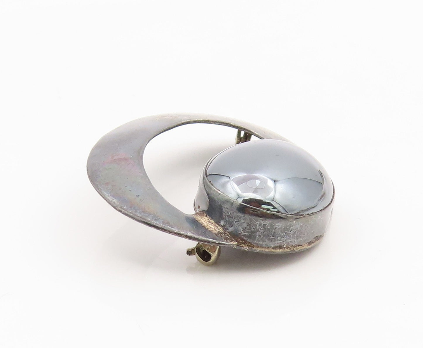 925 Sterling Silver Vintage Brooch Oval Hematite Modernist Geometric Pin BP12145