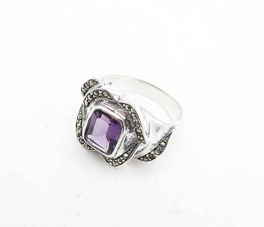 925 Sterling Silver  Amethyst & Marcasite Shiny Cocktail Ring Sz 7  RG5685