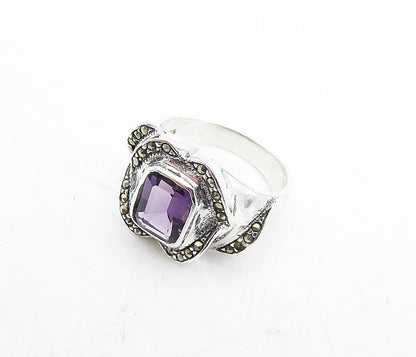 925 Sterling Silver  Amethyst & Marcasite Shiny Cocktail Ring Sz 7  RG5685