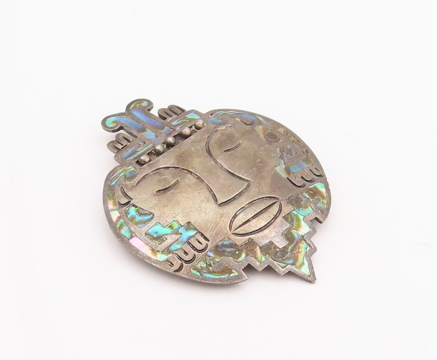 925 Sterling Silver Vintage Brooch Pin MEXICO Etched Abalone Inlay Face  BP11145