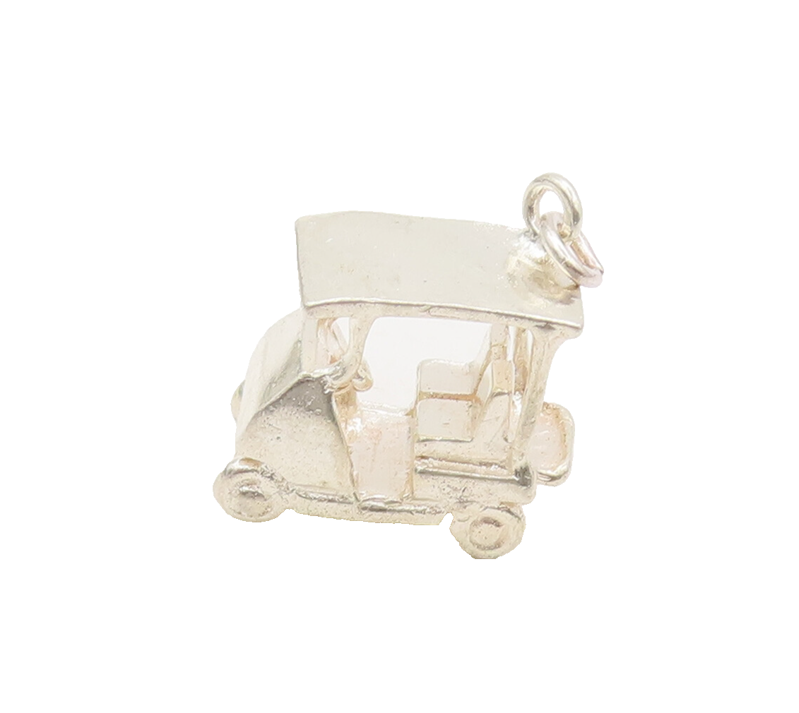 925 Sterling Silver  Vintage Solid Carved Golf Cart Charm Pendant  PT22378
