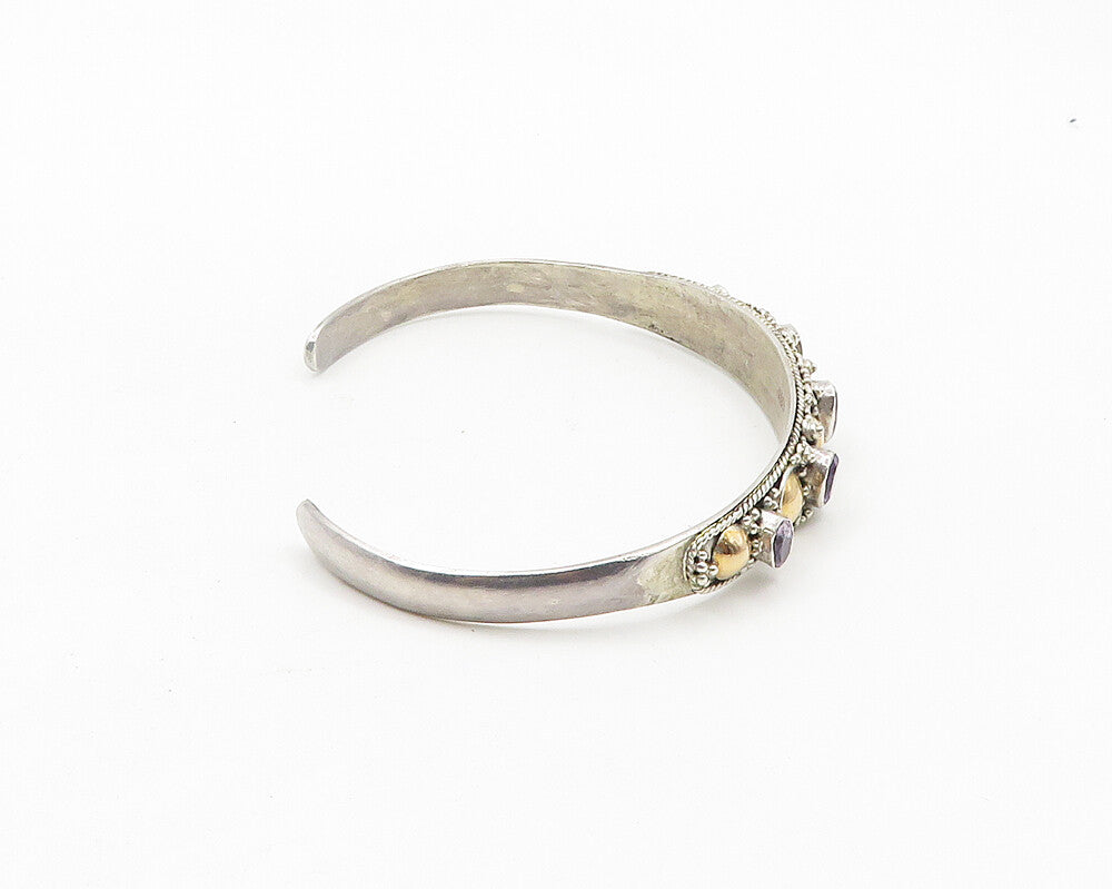 925 Silver & 18K GOLD  Vintage Amethyst Two Tone Shiny Cuff Bracelet  BT7787