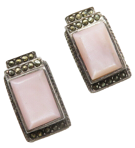 925 Sterling Silver  Vintage Mother Of Pearl & Marcasite Drop Earrings  EG6520