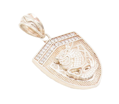 925 Sterling Silver Vintage Pendant Dragon Carved Shield Beaded Topaz  PT22622