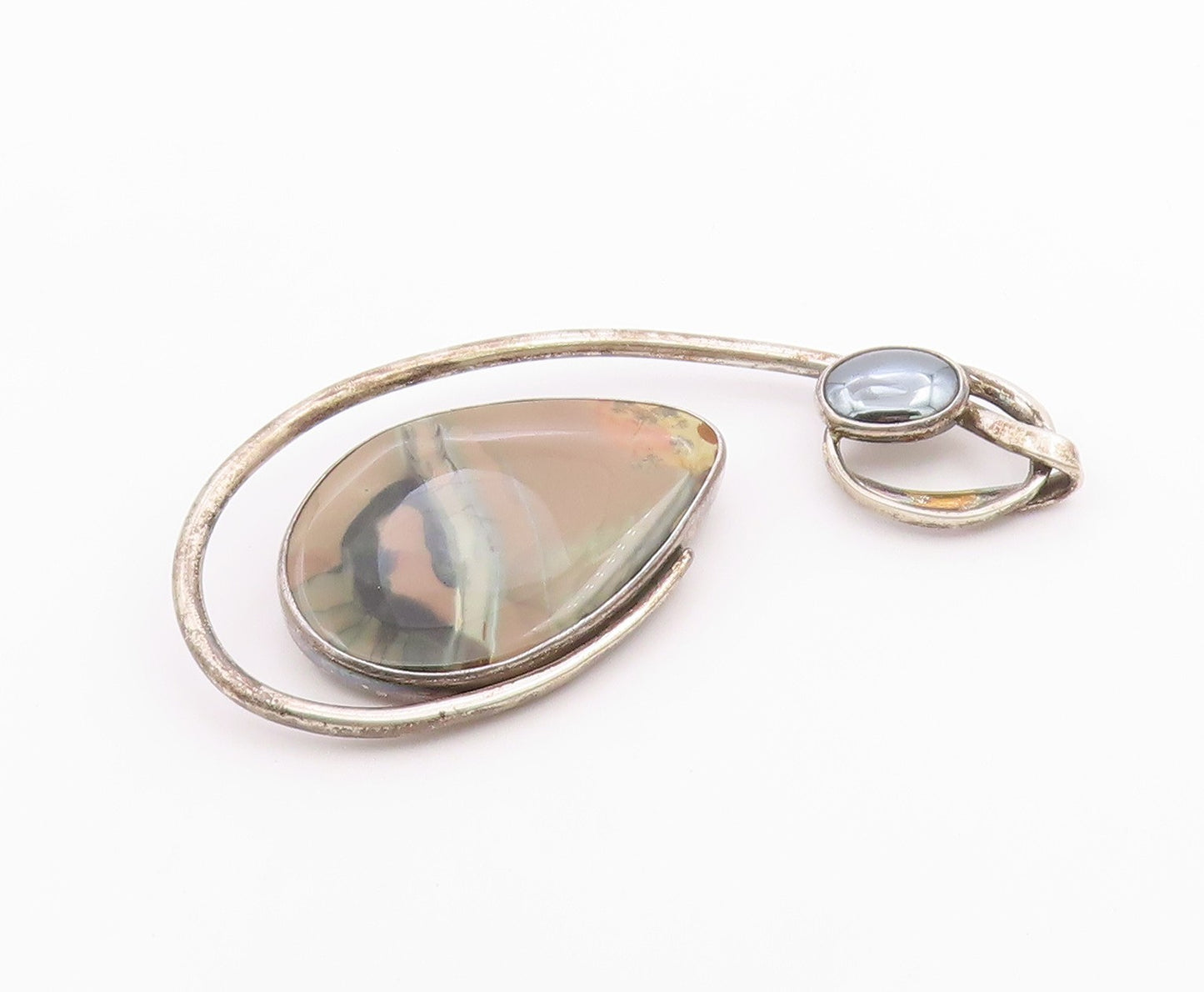 DESIGNER 925 Sterling Silver  Vintage Agate & Hematite Brooch Pin  BP7848