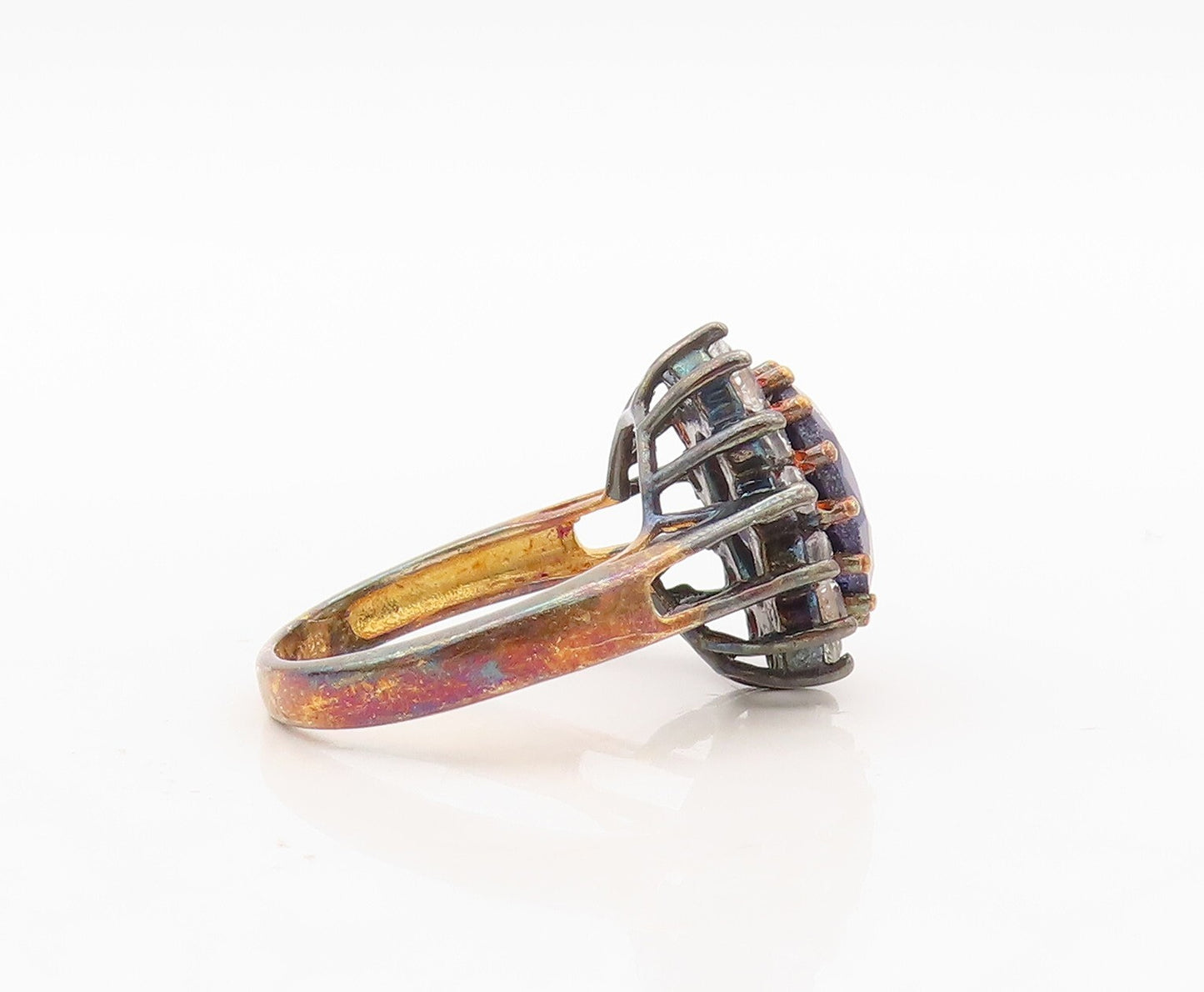 925 Sterling Silver Vintage Ring Gold Plated Blue Gemstone & CZ  Sz 8  RG30427