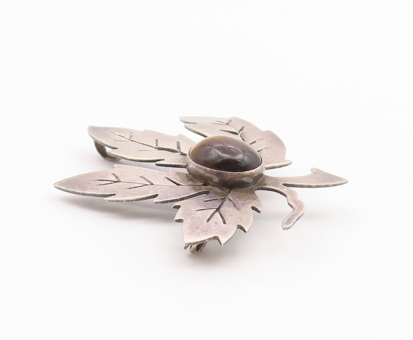 ISRAEL 925 Sterling Silver  Vintage Tiger's Eye Carved Leaf Brooch Pin  BP9402
