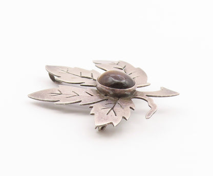 ISRAEL 925 Sterling Silver  Vintage Tiger's Eye Carved Leaf Brooch Pin  BP9402