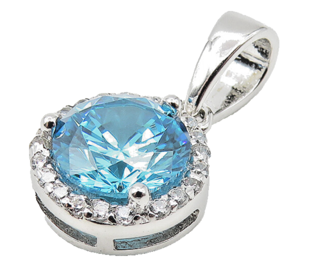 925 Sterling Silver  Shiny Petite Blue Topaz Round Drop Pendant  PT9310